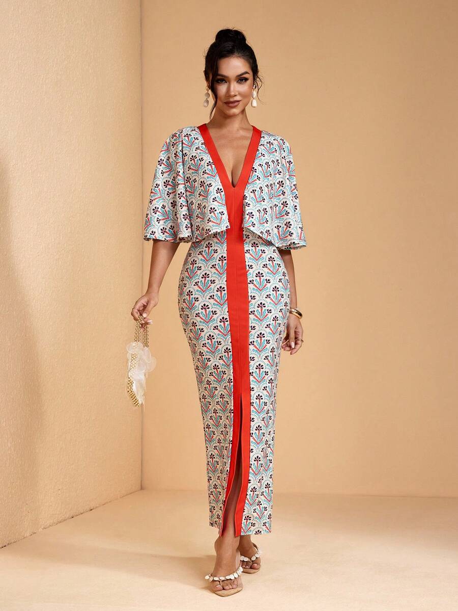 JIAN LASALA All-Over Print Color Block V Neck Capelet Women Maxi Dress With Slit Summer Vacation Boho Elegant - Multicolor - View 1