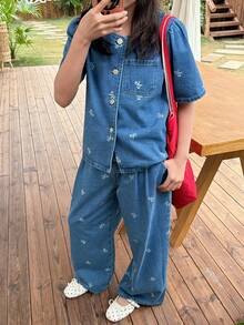 DAZY 2件套少女泡泡印花短袖牛仔上衣和牛仔裤套装，秋季 - 藍色 - 查看 5