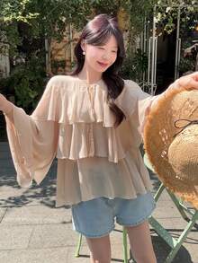 DAZY Women's Casual Loose Chiffon Ruffle Hem Long Sleeve Tie Front Vacation Blouse Shirt - Pink - View 4