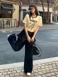 DAZY 女士休闲喇叭牛仔裤，带口袋和荷叶边裤脚，适合日常穿着 - 藍色 - 查看 6