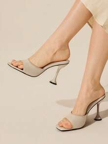 CUCCOO BASICS CUCCOO Sandal Mule Kain Hak Tinggi untuk Pakaian Sehari-hari Wanita, Cocok untuk Natal dan Musim Panas - kain aprikot - View 3