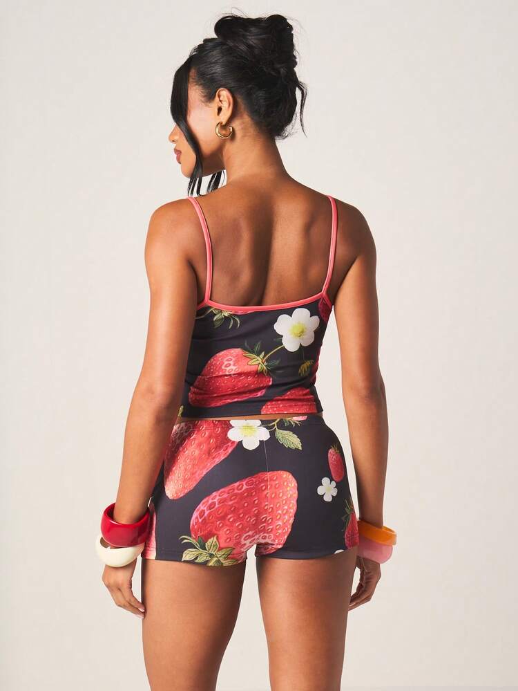 MISSGUIDED Women's Strawberry Print Two Piece Co-Ord Set Crop Cami Tank Top And Shorts Summer Fruit Pattern Casual Outfit