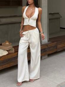 FavEase Women's Casual Backless Deep V-Neck Halter Top And Low Waist Tie-Waist Straight Leg Pants 2-Piece Set - Apricot - View 5