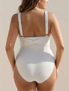SHEIN Swim Curve 大码纯色V领可调节肩带后背扭结腰带连体泳衣，简约优雅时尚性感沙滩度假装 - 白色 - 查看 2