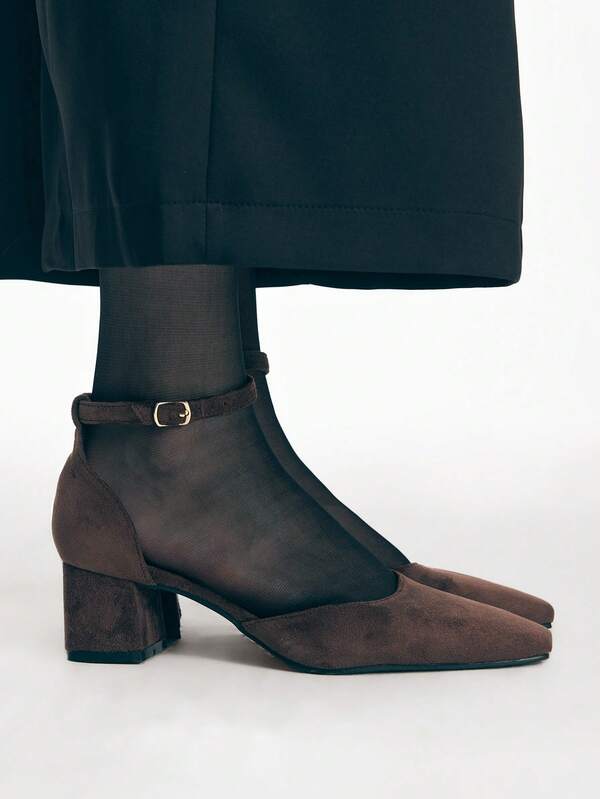 Mnmlis Tacones altos para mujer para exteriores, zapatos de moda de tacón grueso y punta cuadrada, versátiles, de ante y con diseño hueco, para primavera, verano, otoño e invierno