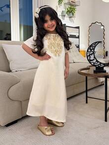 Dazy Kids Girls (Small) Round Neck Short Sleeve Dress, Fall Clothes - Beige - View 4