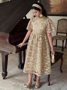 DAZY Tween Girls Round Neck Lace Short Sleeve Dress - Apricot - View 1