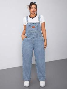 SHEIN ICON Plus Size Casual Versatile Washed Denim Bib Overalls - Light Wash - View 6