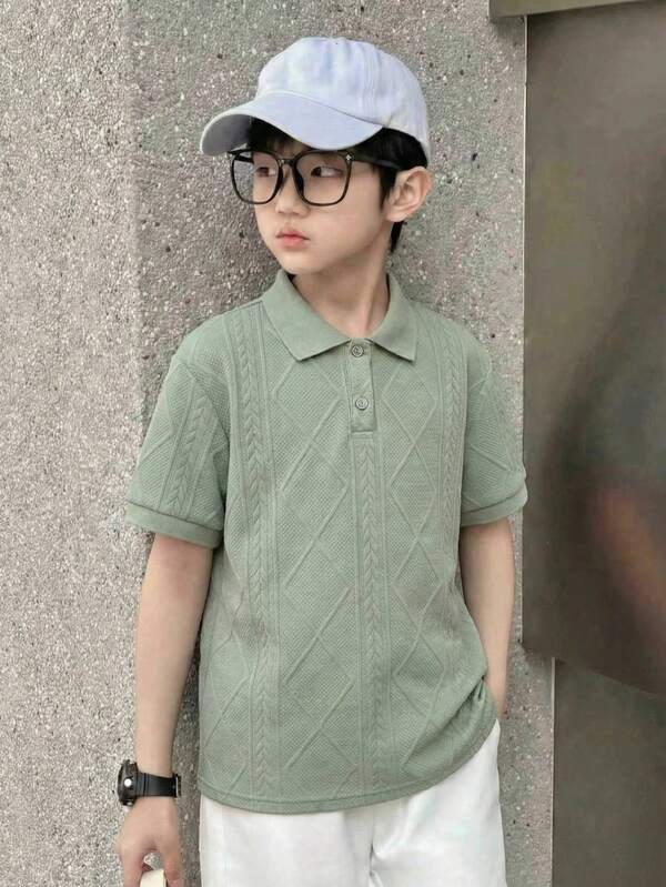 Mirajuku Tween Boy Textured Geometric Pattern Short Sleeve Casual Polo Shirt