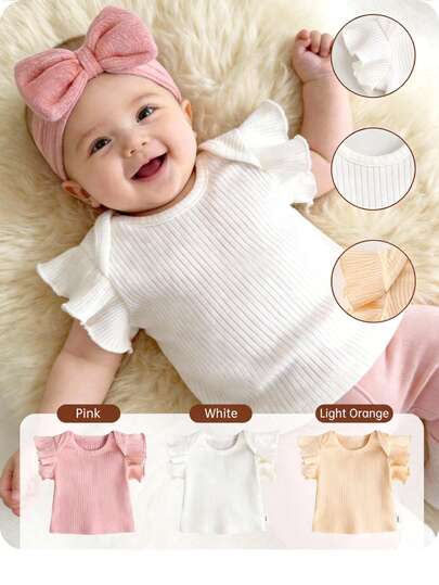 3pcs Newborn Baby Girl Cute Casual Versatile Solid Color Ruffle Trim Knit Top Set