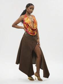 Modviera Women's Tie-Neck Allover Print Ruched Sexy Versatile Blouse For Dates & Outings - Multicolor - View 5