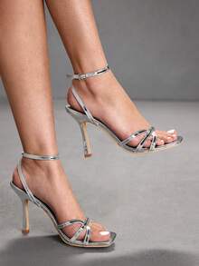 CUCCOO SZL Women's Square Toe Rhinestone Ankle Strap Sandals For Christmas Prom Heels Summer Shoes - Silver - View 7