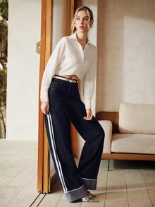 Anewsta 女士优雅浪漫派对及休闲度假蓝色直筒侧开衩牛仔裤，春夏款 - 藍色 - 查看 5