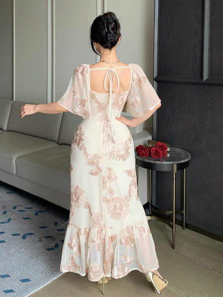 Women's Elegant Floral Print Square Neck Petal Sleeve Dress, Summer,Wedding Guest Dress Women Sundress