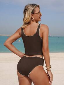SHEIN Swim Lushore Swim Lushoire 新款女士纯色纹理面料方领贝壳边比基尼套装，沙滩泳装 - 咖啡棕 - 查看 2