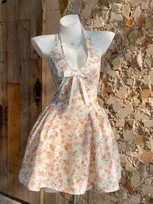 Comfortcana 女士吊带系带印花蝴蝶结装饰迷你连衣裙，适合约会和派对 - 彩色 - 查看 6