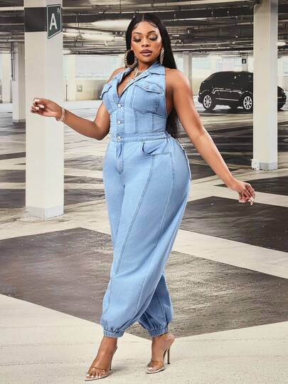 Slaydiva Sleeveless Solid Color Denim Jumpsuit, New Summer Style