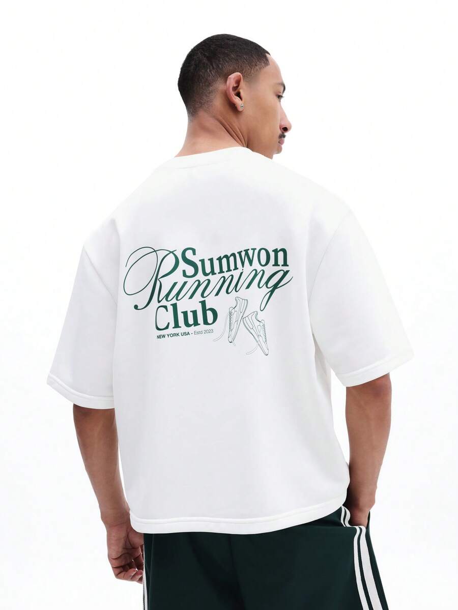 SUMWON Men's Boxy Fit T-Shirt With Running Club Back Graphics And Front Chest Logo White Casual Short Sleeve Tee - White - View 1