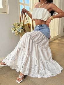 Breezaya Women's Casual Hollow-Out Embroidery Patchwork Denim Mini Skirt - Multicolor - View 1