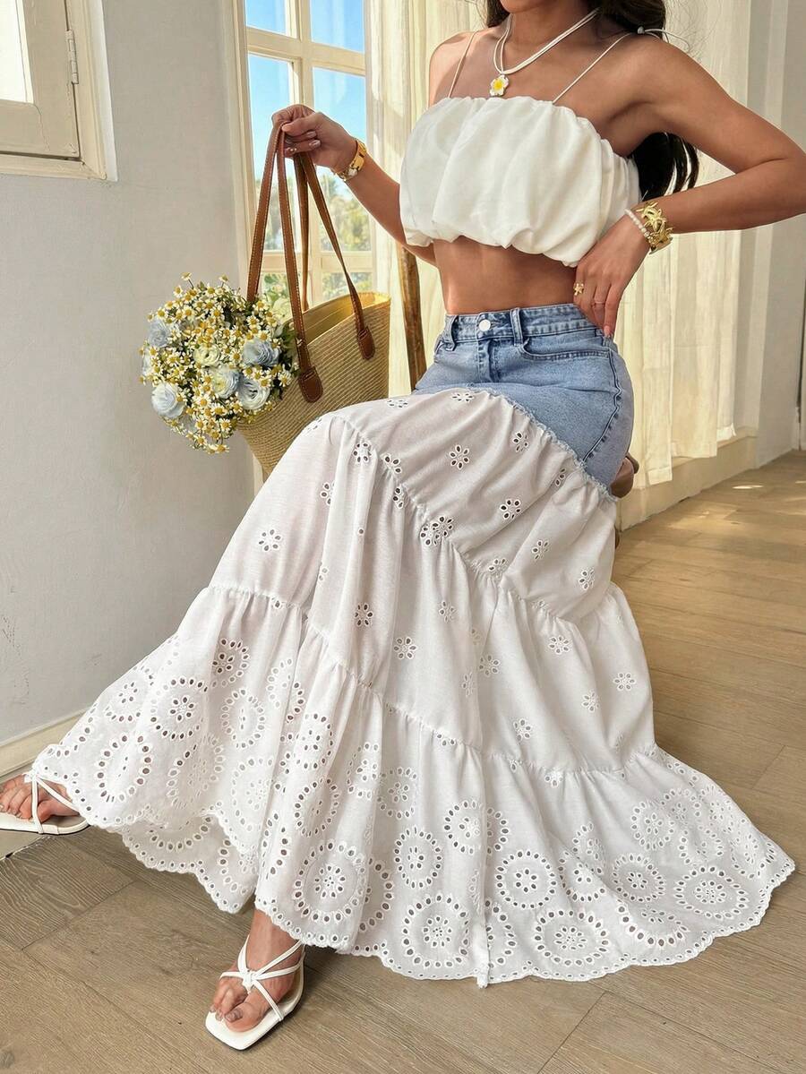 Breezaya Women's Casual Hollow-Out Embroidery Patchwork Denim Mini Skirt - Multicolor - View 1