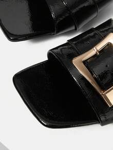 Mnmlis Women's Summer Metal Buckle Square Toe Chunky Heel Retro Patent Leather Black Mules, Suitable For Daily Commute - Black - View 5