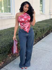 Alexandranx Women Floral Print Asymmetrical Neck & Hem Ruched Top Beach Wear - Rusty Rose - View 1