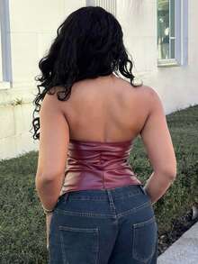 Alexandranx 新年和情人节女士勃艮第皮革上衣时尚褶皱不对称下摆抹胸，适合外出和派对上衣，新年女士 - 酒紅色 - 查看 2