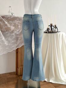 Elamini 女士休闲通勤水洗喇叭牛仔裤 - 藍色 - 查看 2