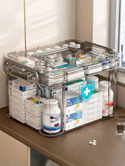 1pc - Transparent Multi-Layer First Aid Kit With Handle, Large-Capacity Medicine Storage Box, Suitable For Home, Travel, And Office. Organizes Pills, Bandages, And Medical Supplies. Visible Compartments For Easy Access. Ideal For Family Emergencies And Daily Use. Portable Design, An Essential Health Storage Bag.