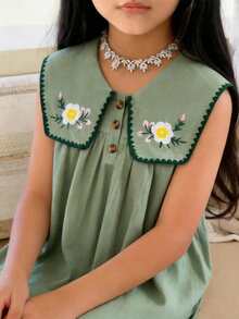 SHEIN Tween Girls/Tween Girl Girls Pastoral Floral Embroidered Pattern Ruffle Collar Puff Sleeve Dress,Versatile Round Neck Trim Contrast Color - Green - View 8