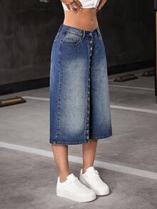 Jeanoix 女士口袋纽扣休闲百搭日常穿着阔腿牛仔裤 - 藍色 - 查看 5