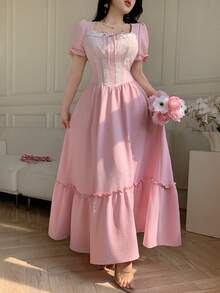 Celisse Pink Lace Patchwork Ruffle Hem Elegant Dress For Women - Pink - View 5