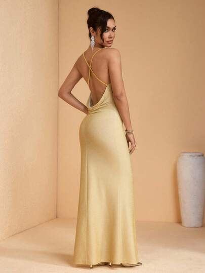 JIAN LASALA Vestido largo elegante para mujer con tirantes de espagueti dorados brillantes, espalda cruzada y drapeado para fiesta