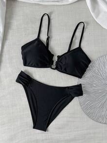 Swim Chiccia 新款夏季U型钢圈比基尼，优雅性感两件式泳衣套装，配有可调节细肩带和高腰拼接设计，适合度假海滩穿着 - 黑色 - 查看 6