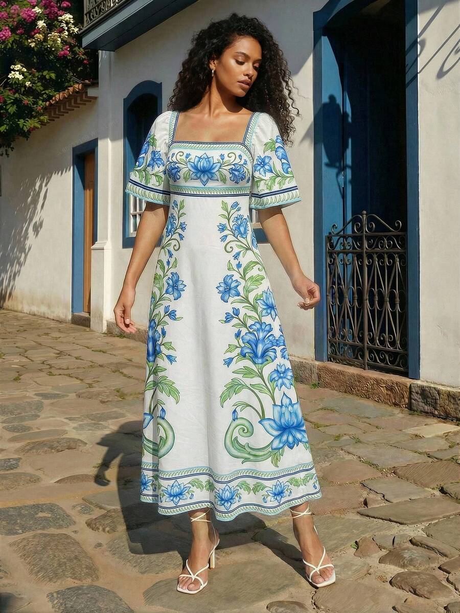 CAJUNI 女士方领碎花休闲收腰连衣裙，适合约会和派对 - 藍色 - 查看 1