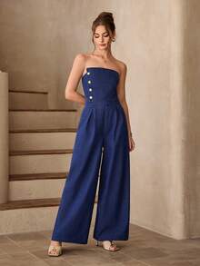 Selenza Women's Button Design Pleated Wide Leg Loose Denim Jumpsuit - Blue - View 8