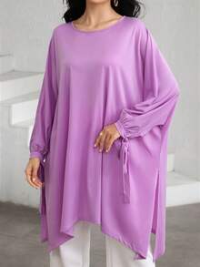 Graceveil Solid Color Round Neck Bowknot Cuff Asymmetric Hem Loose Casual Soft T-Shirt For Women - Purple - View 7