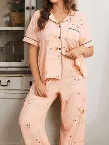 SHEIN Set pigiama casual a maniche corte da donna taglie forti in chiffon con stampa stropicciata di farfalle, libellule e bambù - Champagne - Visualizzare 3