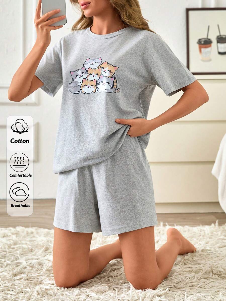SHEIN 纯棉女士两件套可爱小猫卡通图案短袖睡衣上衣和纯色弹力腰短裤家居服休闲舒适睡衣套装 - 灰色 - 查看 1