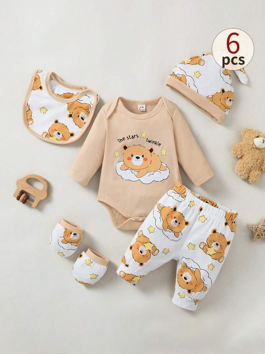 SHEIN 5pcs/Set Newborn Baby Boy Cute Bear Print Romper + Pants + Hat + Bib + Mittens - Khaki - View 1