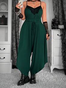 SHEIN Whyspr 大码女式撞色蕾丝宽松连体裤，深色系 - 墨綠色 - 查看 5