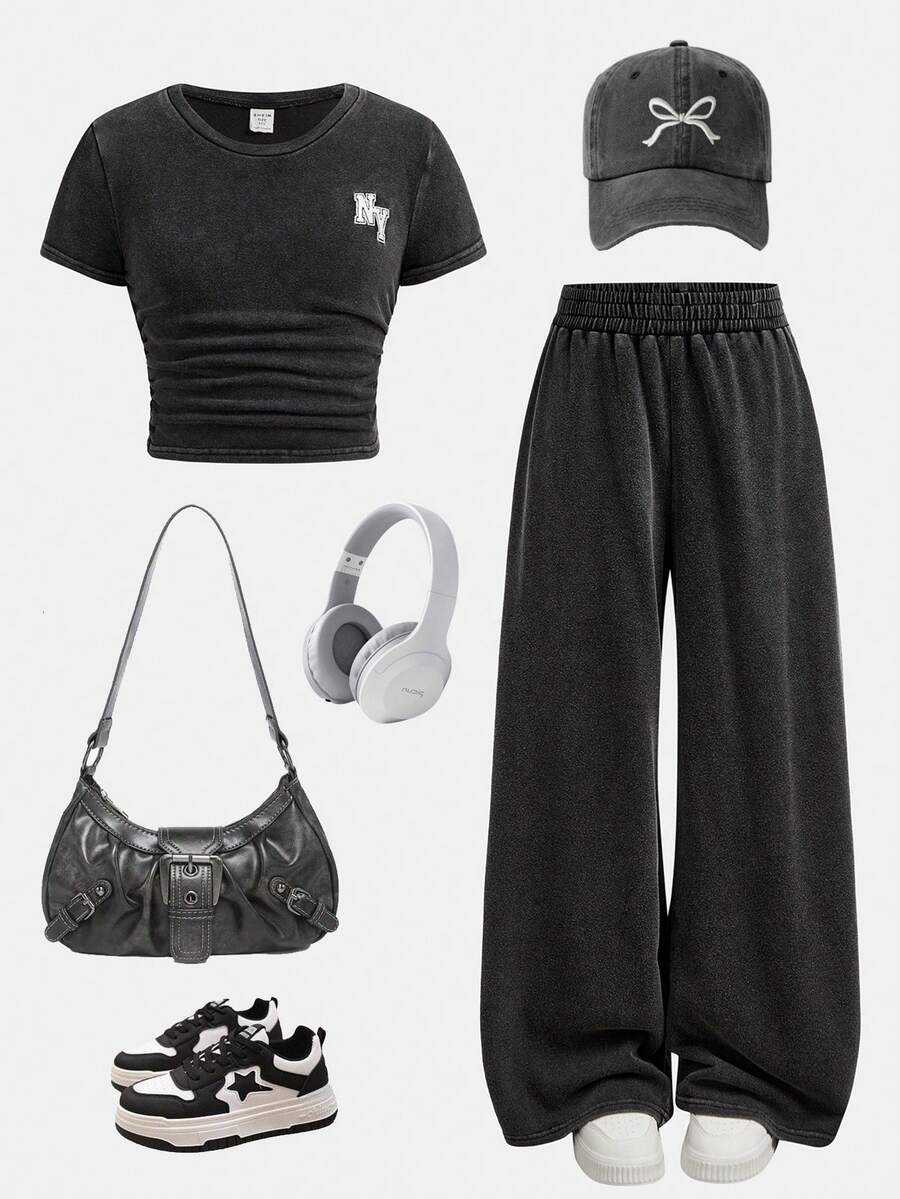 Girlism Tween Girls 2pcs Set, Fitted Short Sleeve Letter Embroidered T-Shirt Paired With Loose Wide Leg Knit Pants - Black - View 1