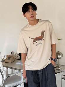 DAZY 夏季男士圆领杏色T恤，饰有狗狗和字母印花 - 杏色 - 查看 3