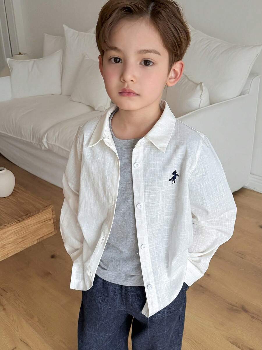 DAZY Kleine Jungen Hemd mit bestickter Knopfleiste, Langarm, Lässig - Weiss - Übersicht 1