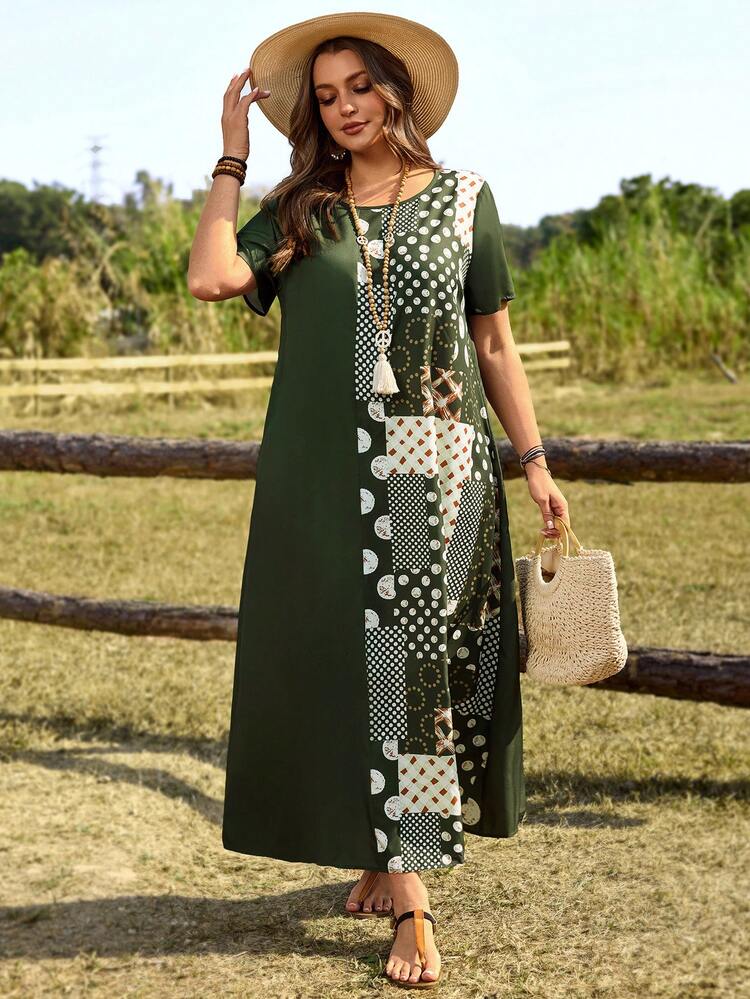 Plus Size Women's Summer Casual Vacation Country Green Polka Dot Dress Loose Fit Short Sleeve Round Neckline Holiday Style Long Summer Dress,Summer Outfits For Women ,Vacation Outfits Women ,Holiday Outfits For Women,Going Out Outfits,2026 New Clothes,Simple And Fashionable For Everyday Wear,Suitable For Summer, Vacation, Daily Wear, Festival Outfits For Women,Country Concert Outfit,Beach Outfits For Women,Western Style,Flowy Dress