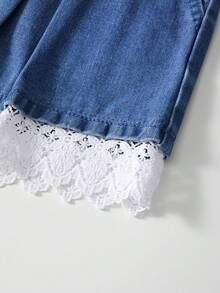 GlowEve 女士休闲牛仔短裤，撞色蕾丝，腰部鸡眼扣设计 - 藍色 - 查看 6