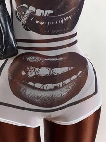 Amplova Face & Lip Print Sheer Bodycon Mini Jumpsuit For Women - White - View 6