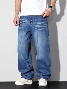Manfinity Homme Spring & Summer Casual Street Water-Washed Blue Straight Loose Distressed Jeans With 3D Cat Whiskers - Blue - View 4