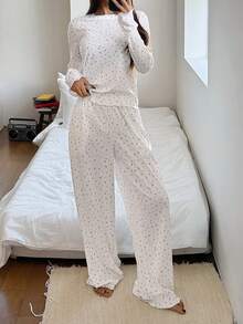 DAZY Ditsy Floral Knit Women's Pajama Set - White - View 5