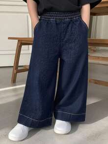 Dazy Kids 年轻女孩松紧腰带口袋阔腿宽松休闲牛仔裤 - 深色水洗藍 - 查看 5